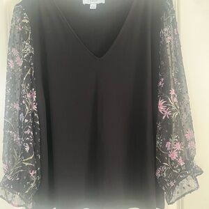 CeCe Black Top with Floral Sheer Sleeves